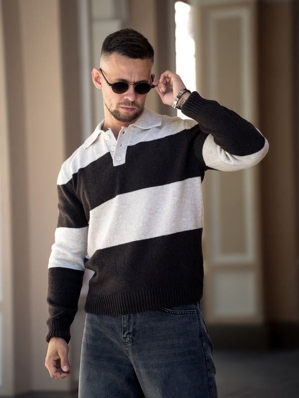 Мужской свитер поло в полоску Polo Sweater бежевый с коричневым