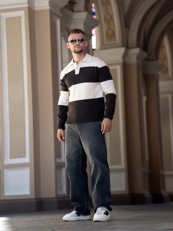 Мужской свитер поло в полоску Polo Sweater бежевый с коричневым