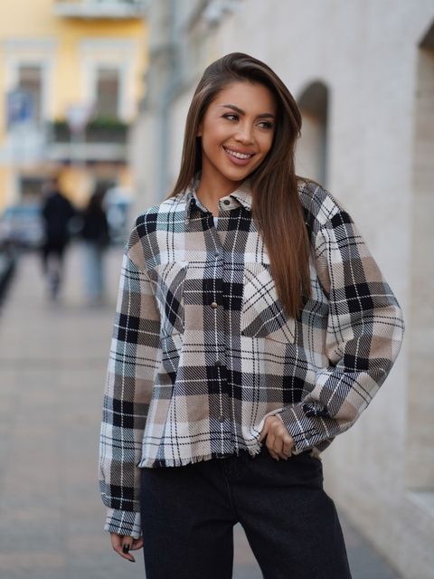 Сорочка у клітку жіноча тепла Teamv Oversize Бежева