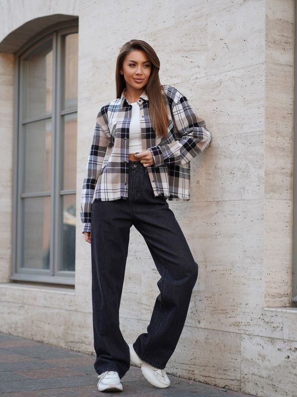 Сорочка у клітку жіноча тепла Teamv Oversize Бежева