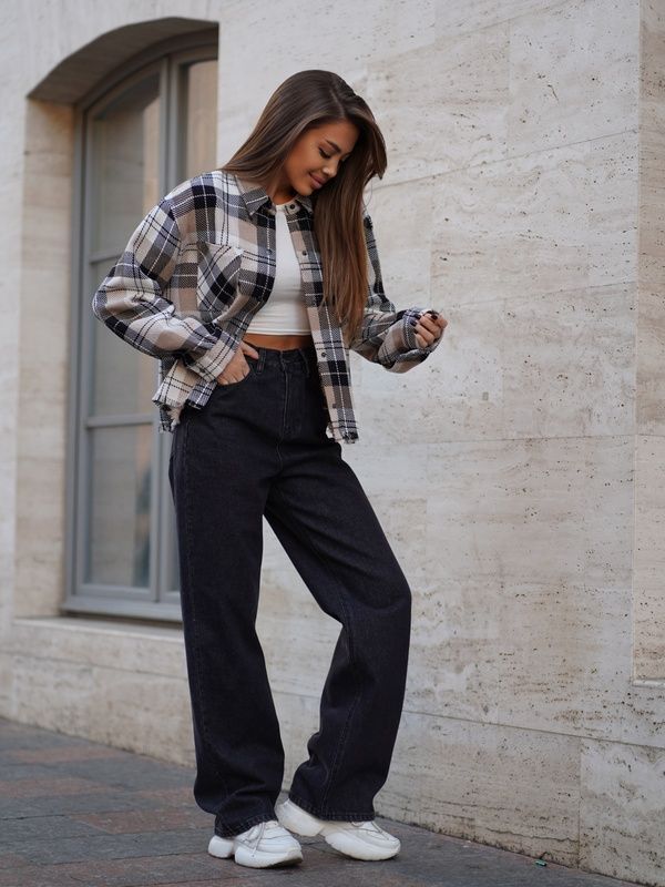 Сорочка у клітку жіноча тепла Teamv Oversize Бежева