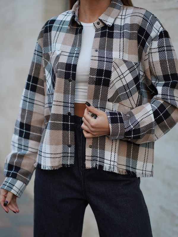 Сорочка у клітку жіноча тепла Teamv Oversize Бежева