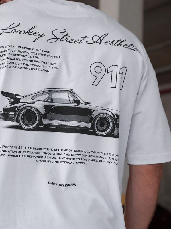 Чоловіча футболка з бавовни оверсайз з принтом Porsche Біла