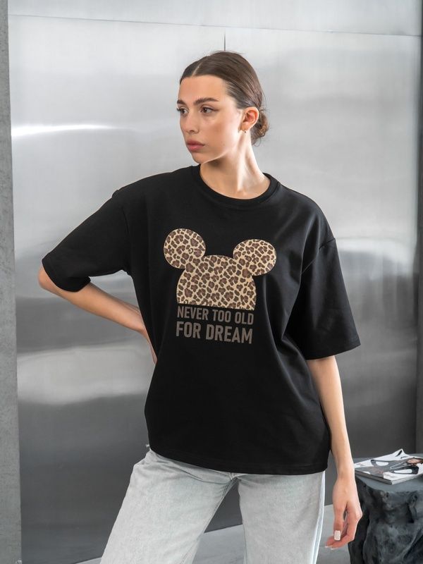 Жіноча футболка оверсайз чорна з принтом Mickey жіночі футболки з бавовни teamv