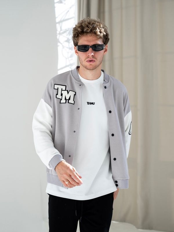 Чоловіча кофта Бомбер на кнопках ТМ Oversize Petlia 23 Сірий з молочним