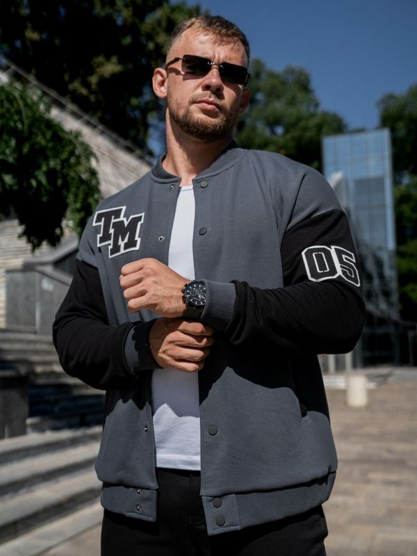Мужская кофта Бомбер на кнопках TM Oversize Petlia 23 Графит с черным