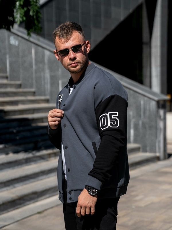Мужская кофта Бомбер на кнопках TM Oversize Petlia 23 Графит с черным