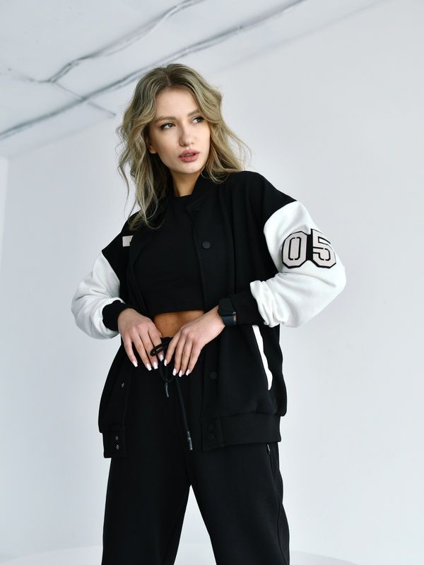 Женская кофта Бомбер на кнопках TM Oversize Petlia 23 Черный с молочным