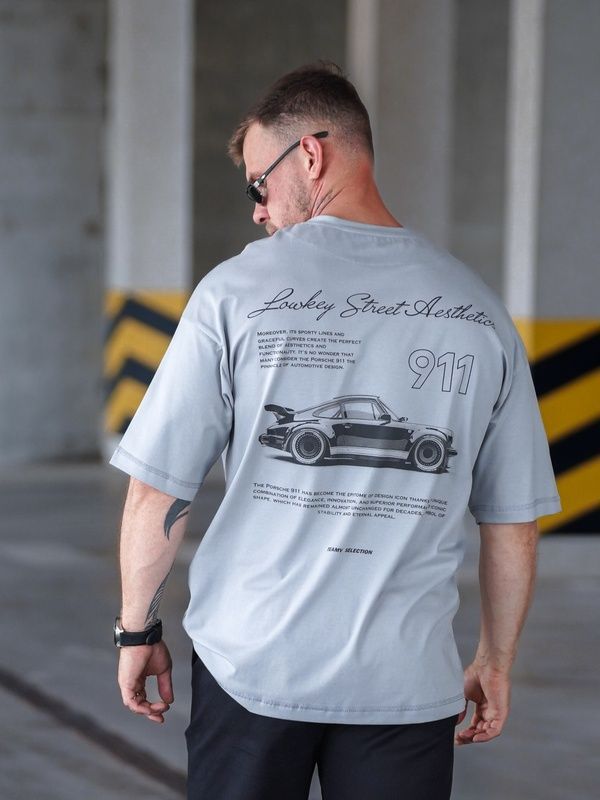 Чоловіча футболка з бавовни оверсайз з принтом Porsche Сіра