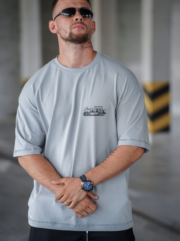 Чоловіча футболка з бавовни оверсайз з принтом Porsche Сіра