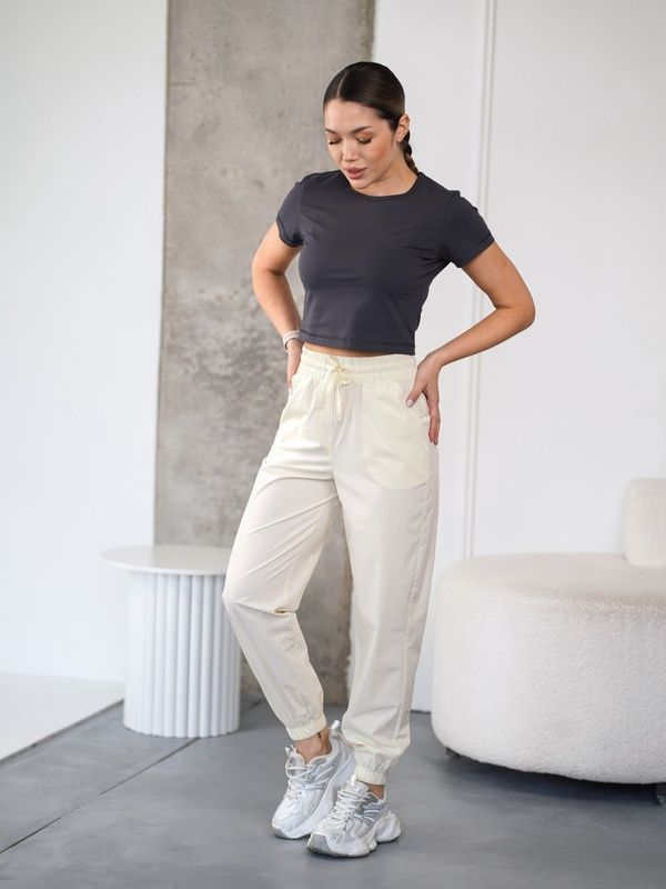 Спортивные женские брюки TENCEL летние джогеры из хлопковой плащевки Бежевый-Айвори