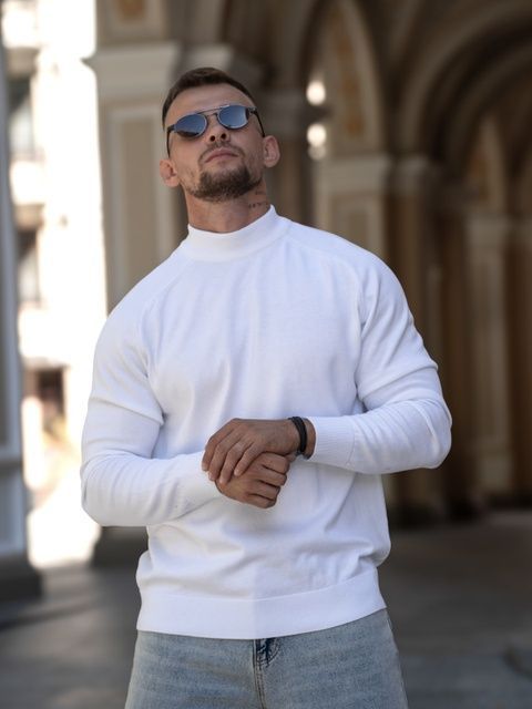 Мужской джемпер вязаный хлопковый гольф Basic Jumper белый