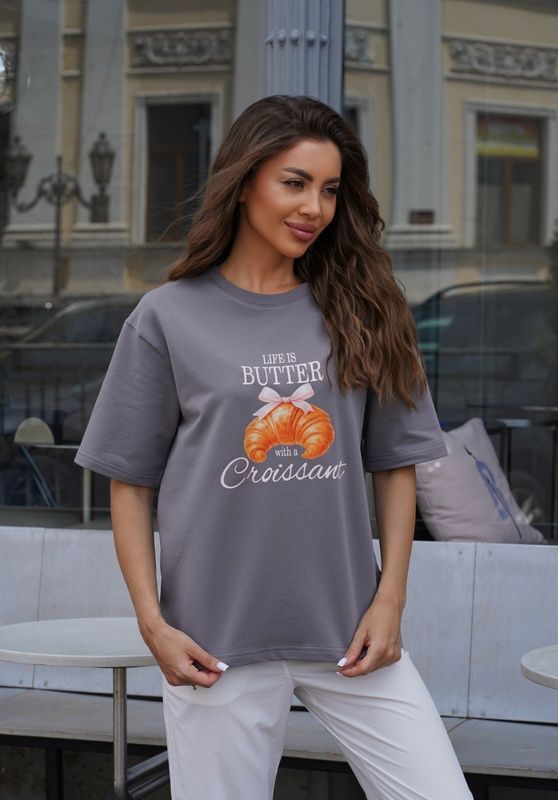 Футболка женская оверсайз с принтом Croissant базовые футболки женские из хлопка Серая