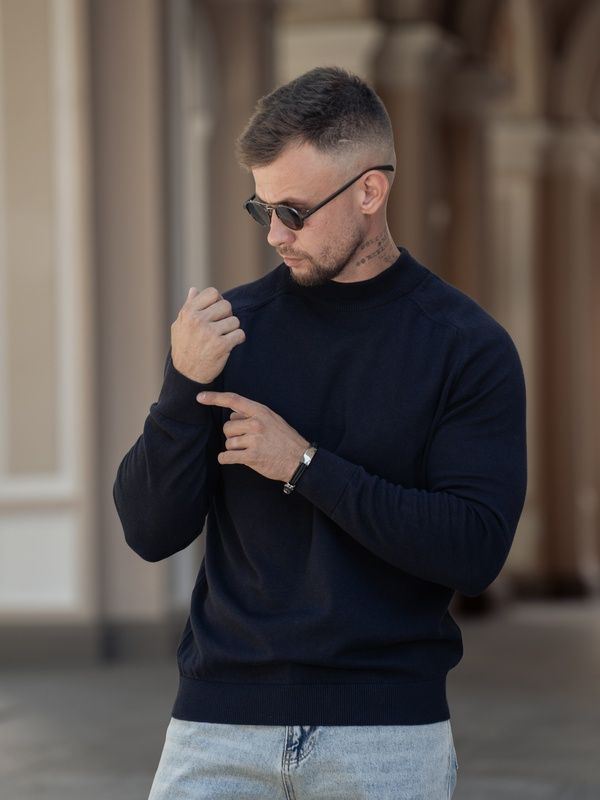 Мужской джемпер вязаный хлопковый гольф Basic Jumper темно-синий