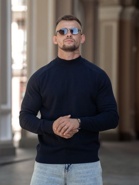 Мужской джемпер вязаный хлопковый гольф Basic Jumper темно-синий