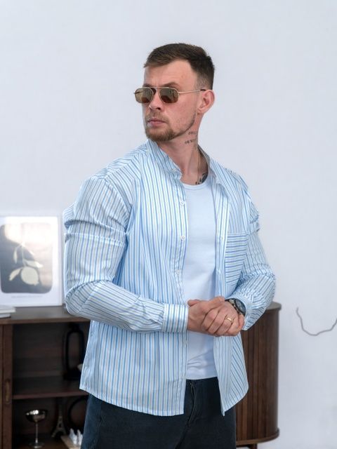 Рубашка мужская в полоску Casual рубашки мужские из хлопка Teamv Синяя полоска