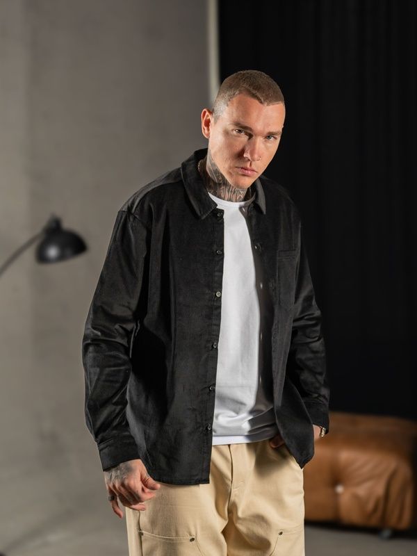 Чоловіча тепла однотонна вельветова сорочка Teamv Casual Velvet Чорна
