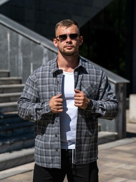 Рубашка мужская в клетку из легкой хлопковой Фланели Teamv Темно-серая